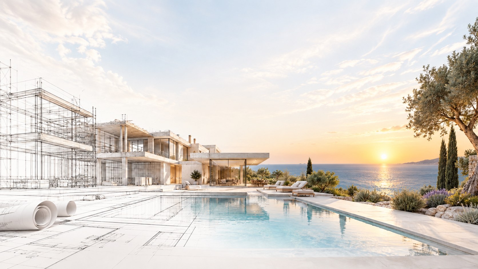 Du croquis d'architecte à la villa achevée, face à la mer au coucher du soleil